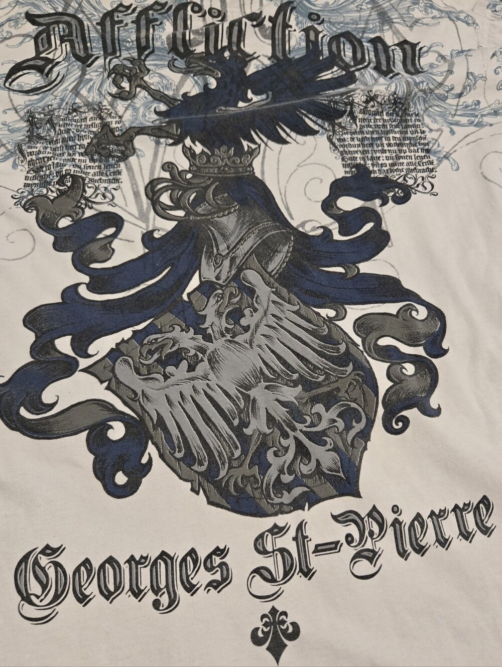 Affliction White Tee with Blue & Gray Heraldic Crest
